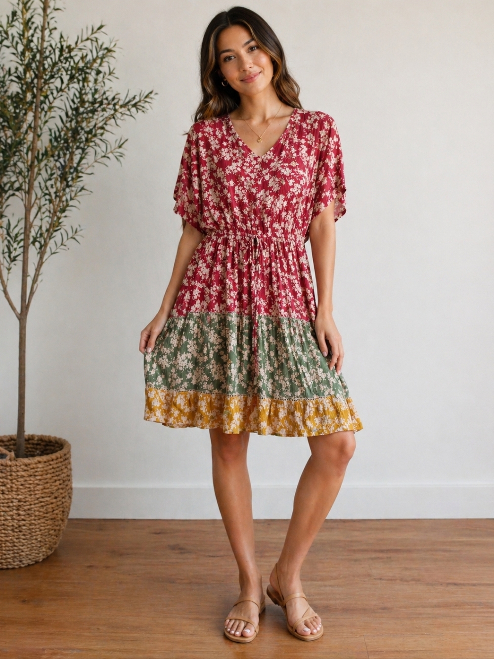 JODIFL Red, Green & Yellow Floral Mini Dress